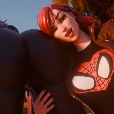 fortnite, marvel, marvel comics, spider-man (series), black cat (fortnite), black cat (marvel), felicia hardy, mary jane watson, mary jane watson (fortnite), drakepowers, ass, big ass, blue sky, bodysuit, fortnite (marvel comics)