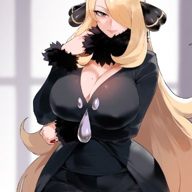 game freak, nintendo, pokemon, pokemon dppt, cynthia (pokemon), floox, 1girls, breasts, female, hips, huge breasts, large breasts, light skin, light-skinned female, long hair