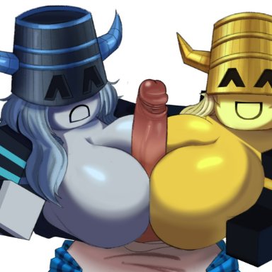 roblox, robloxian, vvvvvooooooo, 1boy, 2girls, big breasts, bucket hat, double paizuri, double titfuck, erection, female, male, paizuri pov