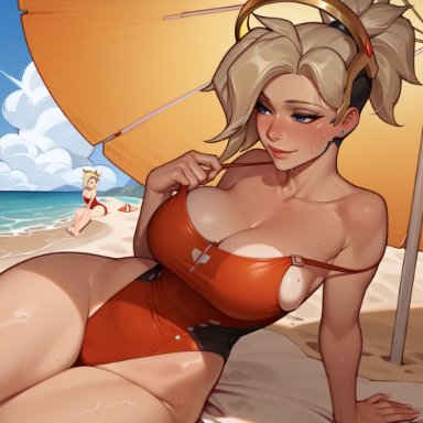 blizzard entertainment, overwatch, angela ziegler, mercy, 11 22, beach, blonde hair, blue eyes, blush,, breasts, cleavage, female, female focus, female only, large breasts