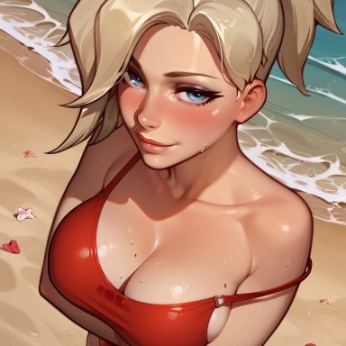 blizzard entertainment, overwatch, angela ziegler, mercy, 11 22, beach, blonde hair, blue eyes, breasts, cleavage, crossed arms, female focus, female only, from above, heart