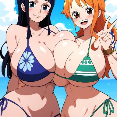 one piece, nami, nami (one piece), nico robin, artist request, bikini, bikini bottom, bikini top, black hair, breasts to breasts, female, female only, gigantic breasts, huge breasts, large breasts