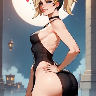 overwatch, overwatch 2, angela ziegler, mercy, mercy (overwatch), floxin, 1girls, ass, bare shoulders, black choker, black dress, blonde hair, blue eyes, blush, bracelet