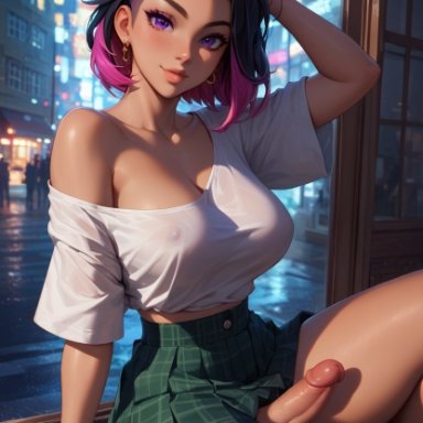 original, original character, revenge623, black hair, come hither, crop top, dickgirl, earrings, erect penis, erection, futa focus, futa only, futanari, inviting, large breasts