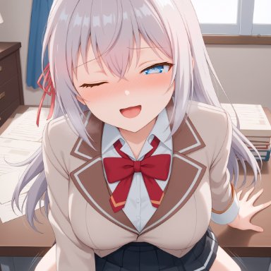 alisa mikhailovna kujou, kuze masachika, cesu, 1girls, ahe gao, blue eyes, classroom, one eye closed, sex, silver hair, thighhighs, vaginal penetration, white thighhighs, ai generated, uncensored