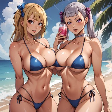 black clover, fairy tail, lucy heartfilia, noelle silva, rubyart, 2girls, big breasts, bikini, blonde hair, breasts, brown eyes, curvy, large breasts, purple eyes, silver hair