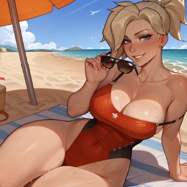 blizzard entertainment, overwatch, angela ziegler, mercy, 11 22, aviator sunglasses, beach, blonde hair, blue eyes, blush, breasts, cleavage, eyewear, eyewear removed, female