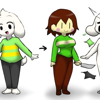 undertale, undertale (series), asriel dreemurr, chara, enigi09, 1boy, 1girls, amazon position, amazonian mating press, anthro, ass, blush, breasts, brown hair, duo