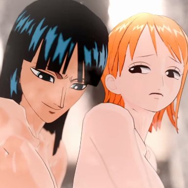 one piece, nami, nami (one piece), nico robin, infected heart, magicalmysticva, 2girls, female, female only, fingering, fingering from behind, from behind, lesbian sex, shower, shower sex