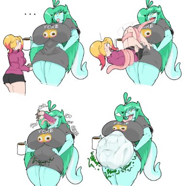 fairyfud, 2girls, anthro, big ass, big breasts, female pred, female prey, huge ass, huge belly, huge breasts, oversized clothes, voluptuous, vore, sequence