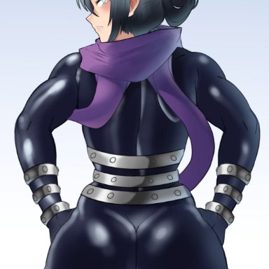 one-punch man, speed-o'-sound sonic, johnv, 1boy, 1femboy, ass, ass focus, back view, big ass, black hair, bulge, bun, embarrassed, femboy, feminine male