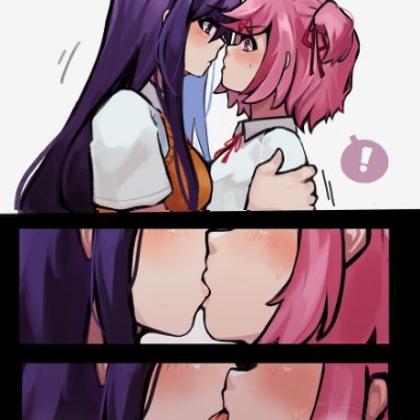 doki doki literature club, yuri (doki doki literature club), butterflan01, 2girls, blush, close-up, female only, kissing, pink hair, purple hair, sweat, yuri