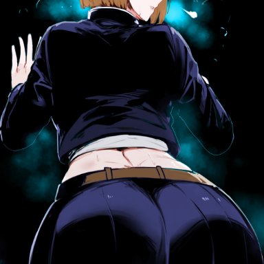 jujutsu kaisen, kugisaki nobara, masoq095, sketchcolor, 1girls, ass, ass focus, big ass, blue jacket, blue skirt, brown eyes, brown hair, clothed, energy, fat ass