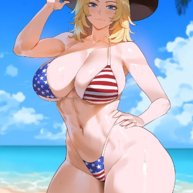 dead or alive, tina armstrong, creamy ai, 1girls, blonde hair, blue eyes, blush, bra, cowboy hat, curvy, curvy figure, fat ass, fat breasts, flag bikini, flag print