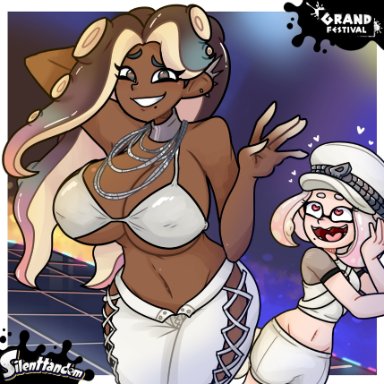 grand festival (splatfest), splatfest, splatoon, splatoon (series), splatoon 3, inkling, marina (grand festival), marina (splatoon), octoling, pearl (grand festival), pearl (splatoon), silenttandem, bra, dark skin, dark-skinned female