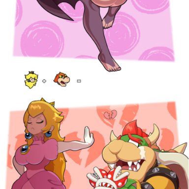 mario (series), mario bros, nintendo, paper mario, super smash bros., bowser, bowsette, princess peach, shadow peach, shadow queen, tohilewd, 1boy, 1girls, 2futas, abs