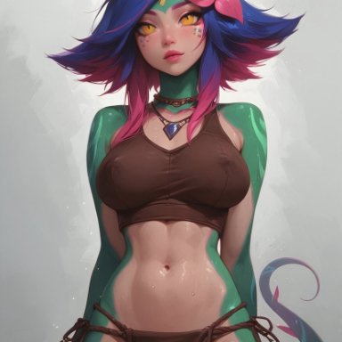 league of legends, neeko, unforgiving, belly, belly button, bra, breasts, covered nipples, hips, large breasts, lizard girl, lizard tail, sweat, tail, wet