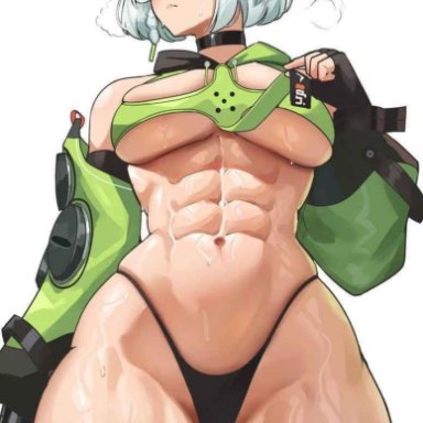 zenless zone zero, anby demara, cromwellb, 1girls, blush, breasts, from below, large breasts, muscular, silver hair, thigh strap, thighs, thong, tagme