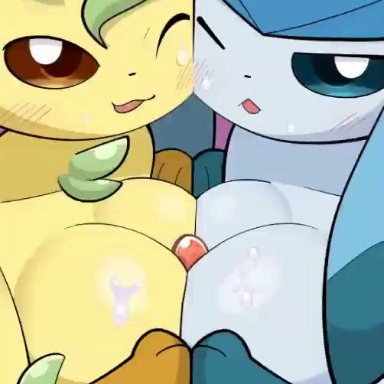 creatures (company), game freak, nintendo, pokemon, eevee, eeveelution, generation 1 pokemon, generation 4 pokemon, glaceon, leafeon, pokemon (species), sateco, 1boy, 2girls, anthro