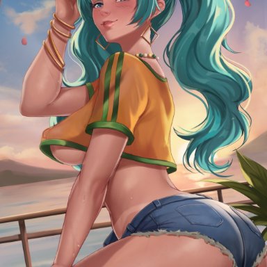 vocaloid, brazilian miku, hatsune miku, exlic, aqua hair, ass, beach, bead choker, bikini tan, blue eyes, blush, bracelet, brazil, brazilian, brazilian female