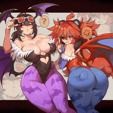 capcom, darkstalkers, zenless zone zero, grace howard, koleda belobog, lilith aensland (cosplay), morrigan aensland (cosplay), nyantcha, ?, 2girls, alternate costume, ass, black hair, cosplay, eyepatch