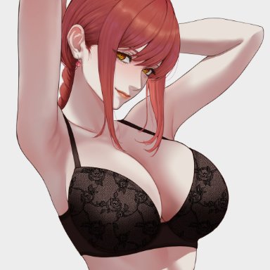 chainsaw man, makima (chainsaw man), yukimune, armpits, arms behind head, arms up, black bra, blush, bra, braid, breasts, cleavage, collarbone, earrings, female