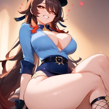 genshin impact, hu tao (genshin impact), big breasts, bottomless, fishnets, looking at viewer, police uniform, smiling, upskirt, ai generated