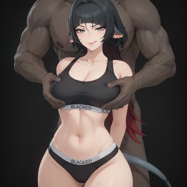 blacked, hoyoverse, zenless zone zero, jane doe (zenless zone zero), queensphynx, 1boy, 1girls, animal ears, arms behind back, black hair, blacked clothing, breasts, dark-skinned male, faceless male, female