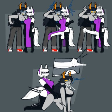 homestuck, rose lalonde, vriska serket, xenopavilia, 1futa, 1girls, areolae, big breasts, big penis, clothed, cum from mouth, cum through, dickgirl, dress, dress lift