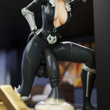 fortnite, marvel, marvel comics, spider-man (series), black cat (fortnite), black cat (marvel), felicia hardy, quadraticsfm, 1futa, big breasts, biting lip, biting own lip, blue eyes, bodysuit, condom