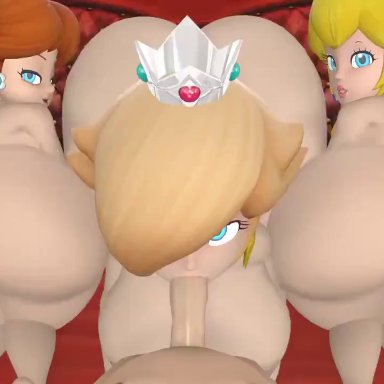 mario (series), nintendo, super mario bros., princess daisy, princess peach, princess rosalina, mr chazz80, 1boy, 3girls, ass, big ass, blonde hair, blowjob, blue eyes, cum in mouth