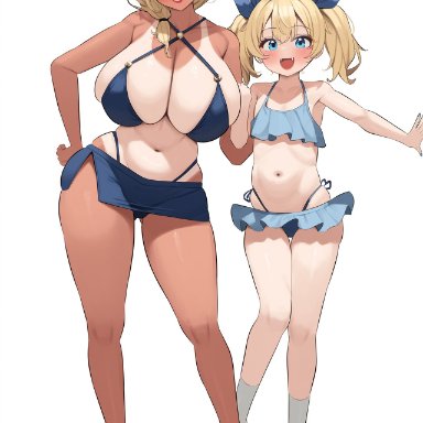 2girls, age difference, ahoge, bikini, flat chest, huge breasts, micro bikini, microskirt, mother and daughter, ribbons, shoes, smile, tanline, twintails, ai generated