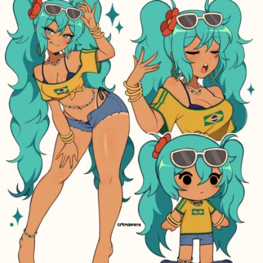 vocaloid, brazilian miku, hatsune miku, cremanata, blue hair, sandals, tanline, tagme