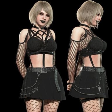 resident evil, resident evil 4, resident evil 4 remake, ashley graham, ashley graham (ella freya), bare legs, bare shoulders, big breasts, blonde hair, bob cut, choker, fishnets, front view, goth, goth girl