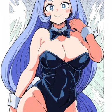 my hero academia, nejire hado, jei games, ass visible through thighs, barazoku, bare legs, bare shoulders, bare thighs, big breasts, black leotard, blue eyes, blush, breasts, bunny ears, bunnysuit