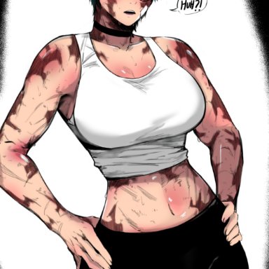 jujutsu kaisen, zenin maki, masoq095, burn scar, cameltoe, choker, clothed, fit female, green hair, midriff, muscle mommy, muscular female, scars, shirt, slim waist