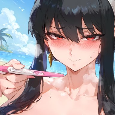 spy x family, yor briar, yor forger, nakatori, 1girls, bangs, bare shoulders, beach, bikini, black hair, blue sky, blush, breasts, breath, cheating wife