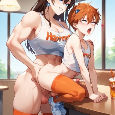 hooters, masomelon, anal, big dom small sub, femboy, futa on femboy, futa on male, futadom, futanari, height difference, muscular female, muscular futanari, otoko no ko, size difference, ai generated