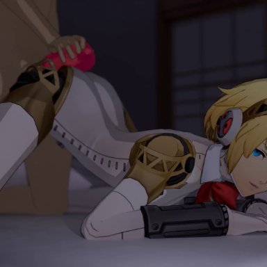 persona, persona 3, persona 3 reload, aigis (persona), makoto yuki, lazyprocrastinator, 1boy, all fours, ass, bed, blonde hair, blue eyes, doggy style, from behind, onahole