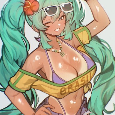 vocaloid, brazilian miku, hatsune miku, 1girls, aqua hair, ass, big ass, big breasts, big thighs, brazil, brazilian, brazilian female, breasts, cyan eyes, cyan hair