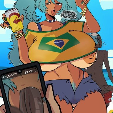 vocaloid, brazilian miku, hatsune miku, coombrain15, 1girls, 2boys, after sex, areola slip, areolae, beach, big breasts, blowjob, brazil, brazilian, brazilian female