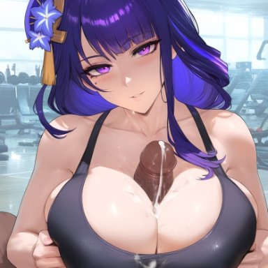 genshin impact, raiden shogun, hydrolis999, 1boy, 1girls, bangs, bare shoulders, between breasts, blunt bangs, blush, braid, braided ponytail, breast press, breasts, breasts squeezed together