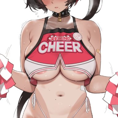 goddess of victory: nikke, bay (nikke), houkago shounen, areola slip, bare shoulders, black hair, blush, breasts, cameltoe, cheerleader, cowboy shot, dark skin, dark-skinned female, female, hair between eyes