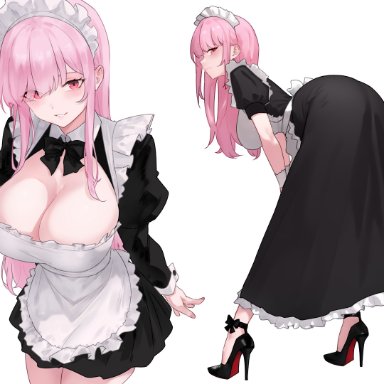 hololive, hololive english, mori calliope, bluefield, alternate costume, apron, ass, bent over, black dress, breasts, cleavage, dress, enmaided, eyes visible through hair, female