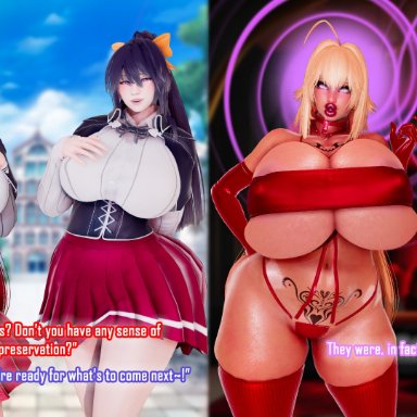 high school dxd, honey select, honey select 2, akeno himejima, rias gremory, arcrad, 2girls, armpits, before and after, bimbo, bimbofication, bimbofied, body writing, clothing, female