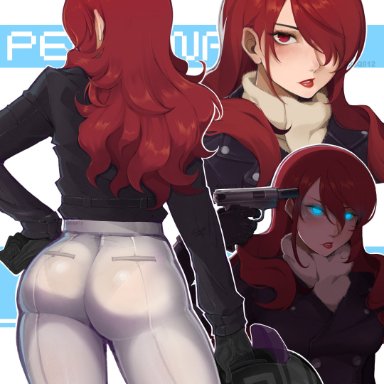 persona, persona 3, mitsuru kirijo, jsq012, 1girls, ass, ass focus, breasts, female, from behind, gun, gun to head, hair over one eye, handgun, holding