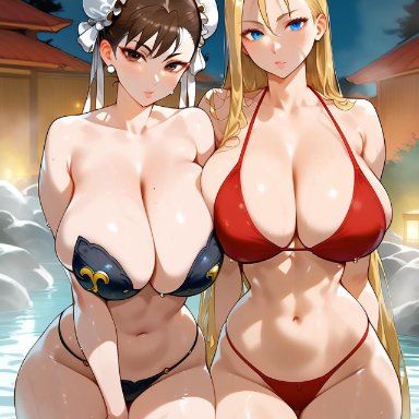 deviantart, street fighter, cammy white, chun-li, aiartf4, 2girls, bath, bikini, blonde hair, brown hair, curvy, dark skinned female, huge breasts, ai generated