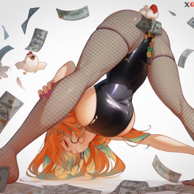 hololive, takanashi kiara, greatodoggo, 1girls, ass, ass focus, breasts, fishnets, green hair, huge ass, huge breasts, legs, leotard, long hair, looking at viewer