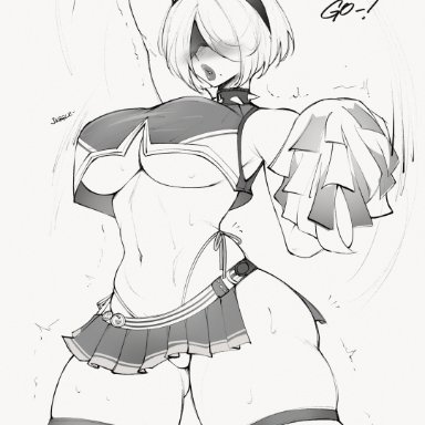 goddess of victory: nikke, nier: automata, bay (nikke), yorha 2b, 1girls, bay (nikke) (cosplay), big breasts, breasts, cheerleader, cheerleader uniform, choker, cleavage, female, female only, large breasts