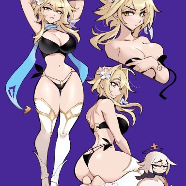 genshin impact, lumine (genshin impact), paimon (genshin impact), hilimuc, 2girls, amber eyes, arms above head, arms behind head, ass, ass out, blonde hair, bra, breasts, flower in hair, large breasts